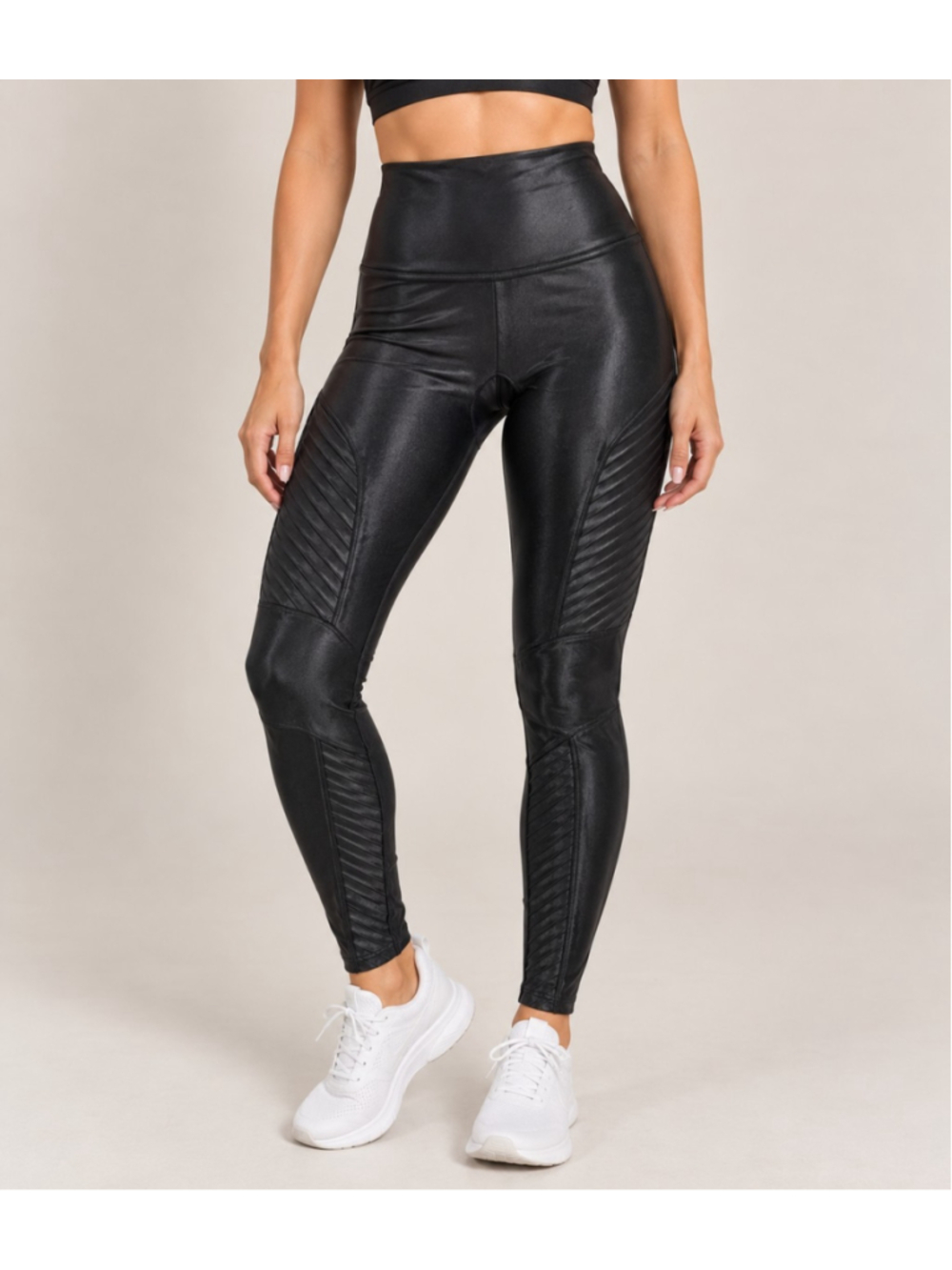 SPANX Women's M Black Faux Leather Moto Leggings High Rise Shiny Shaping